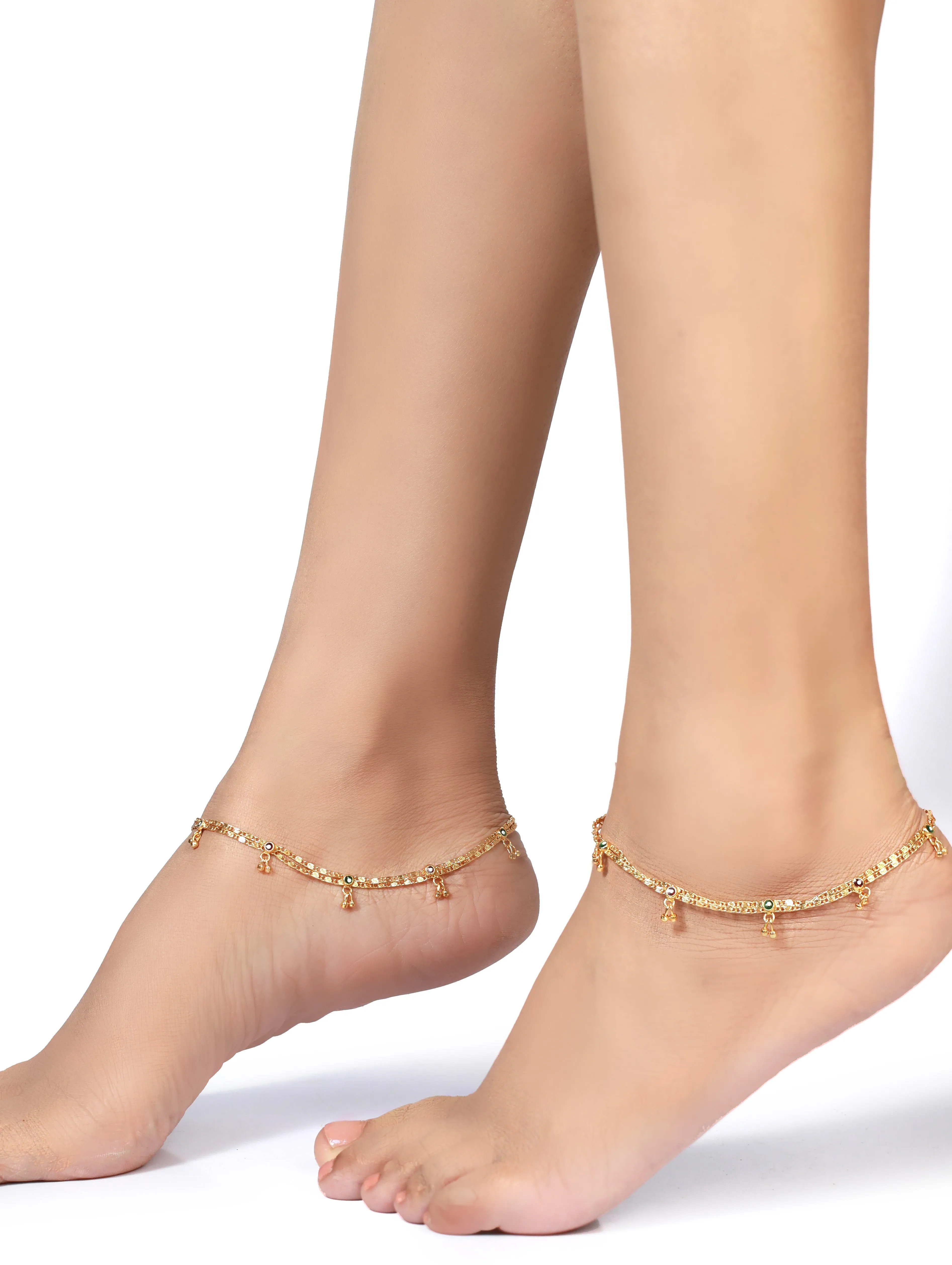 Set Of 2 Gold-Plated Green & Marron Stone Studded Handcrafted Anklets