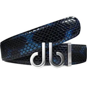 Shiny Snakeskin Texture Belt Blue & Black with Brushed Silver ‘db’ Icon Buckle