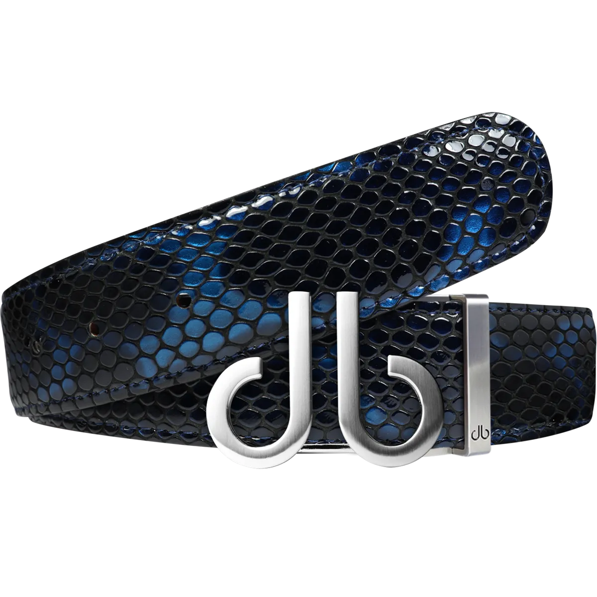 Shiny Snakeskin Texture Belt Blue & Black with Brushed Silver ‘db’ Icon Buckle