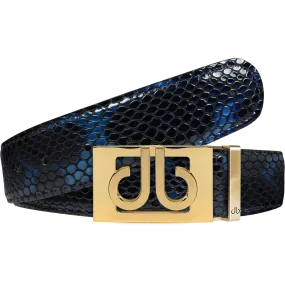 Shiny Snakeskin Texture Belt Blue & Black with Gold ‘db’ Thru Buckle