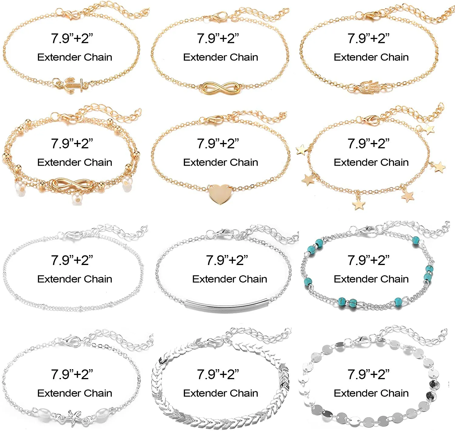 Softones 12Pcs Ankle Bracelets for Women Girls Gold Silver Two Style Chain Beach Anklet Bracelet Jewelry Anklet Set,Adjustable Size