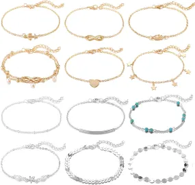 Softones 12Pcs Ankle Bracelets for Women Girls Gold Silver Two Style Chain Beach Anklet Bracelet Jewelry Anklet Set,Adjustable Size