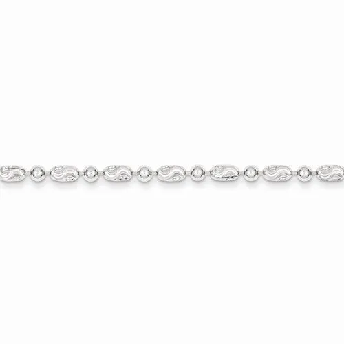 Sterling Silver Polished Round and Textured Oval Bead Anklet