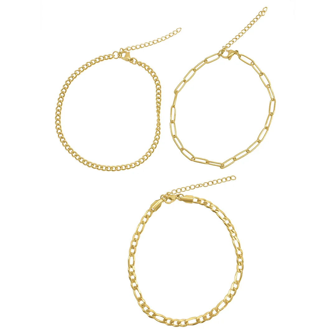 Tarnish Resistant 14k Gold Plated Curb Chain, Paper Clip Chain, and Figaro Chain Anklet Set