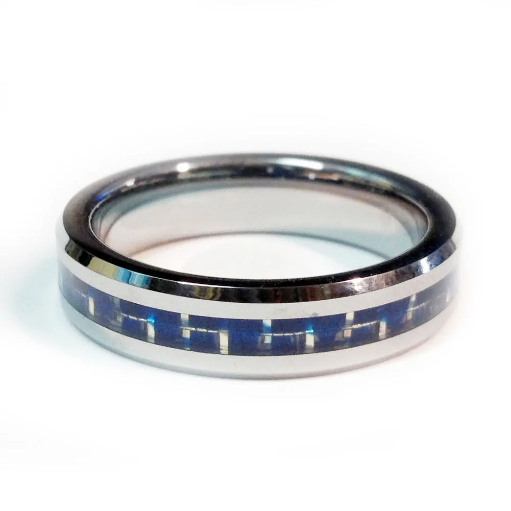 Thin Blue Line Police Ring - Silver Tungsten Carbide with Carbon Fiber Center