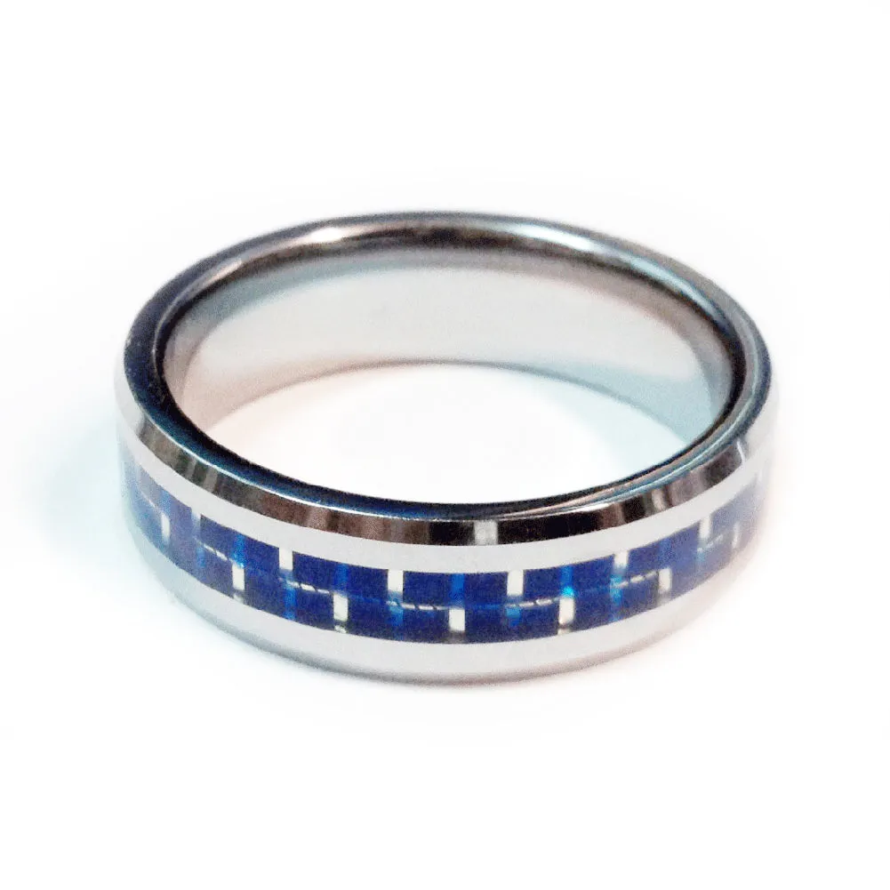 Thin Blue Line Police Ring - Silver Tungsten Carbide with Carbon Fiber Center