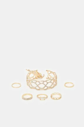 Women Gold Bracelet And Rings (6 Piece)