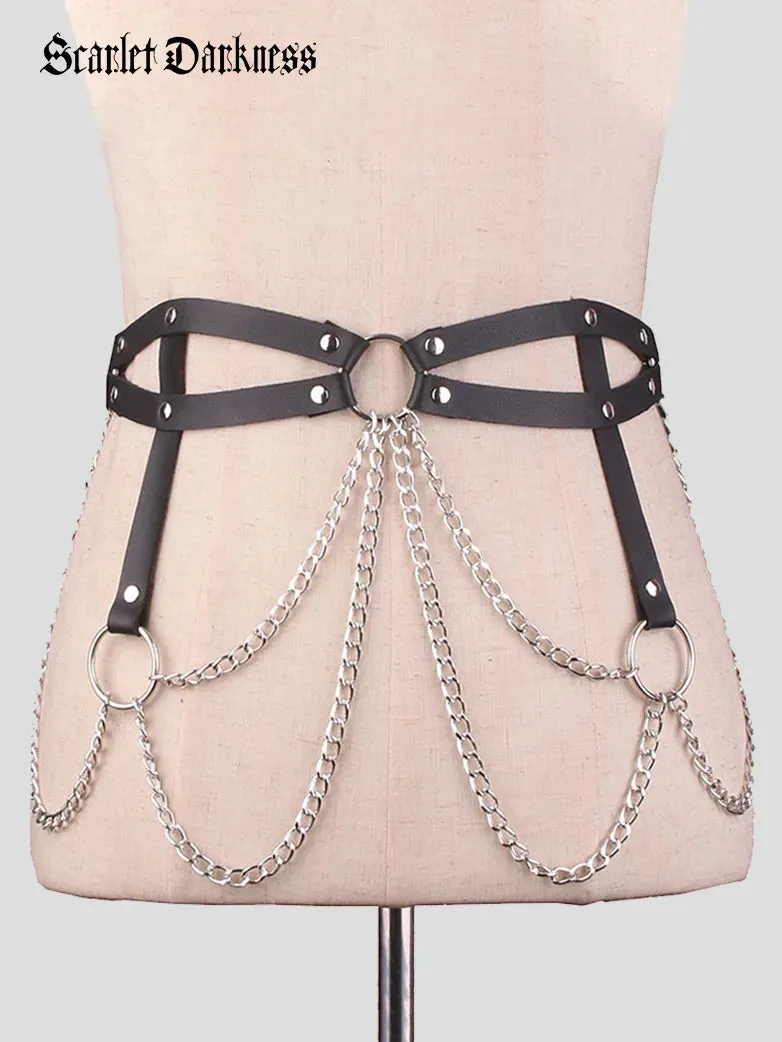 Women Gothic Sexy Double Leather Belt Tassel Waist Chain